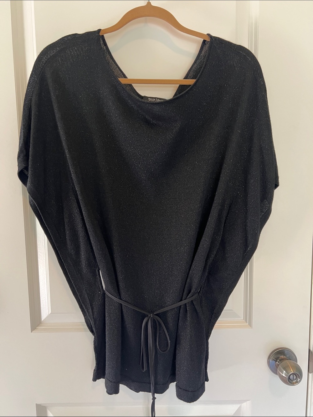 White House Black Market Black Sparkle Crewneck Sweater with Self-Tie Belt